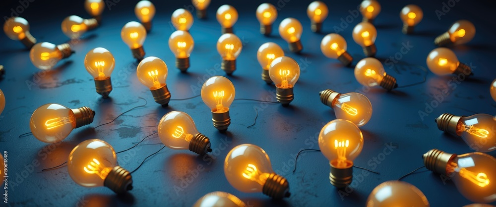 Poster illuminated yellow light bulbs arranged in a dynamic flat lay pattern casting soft shadows on a dark