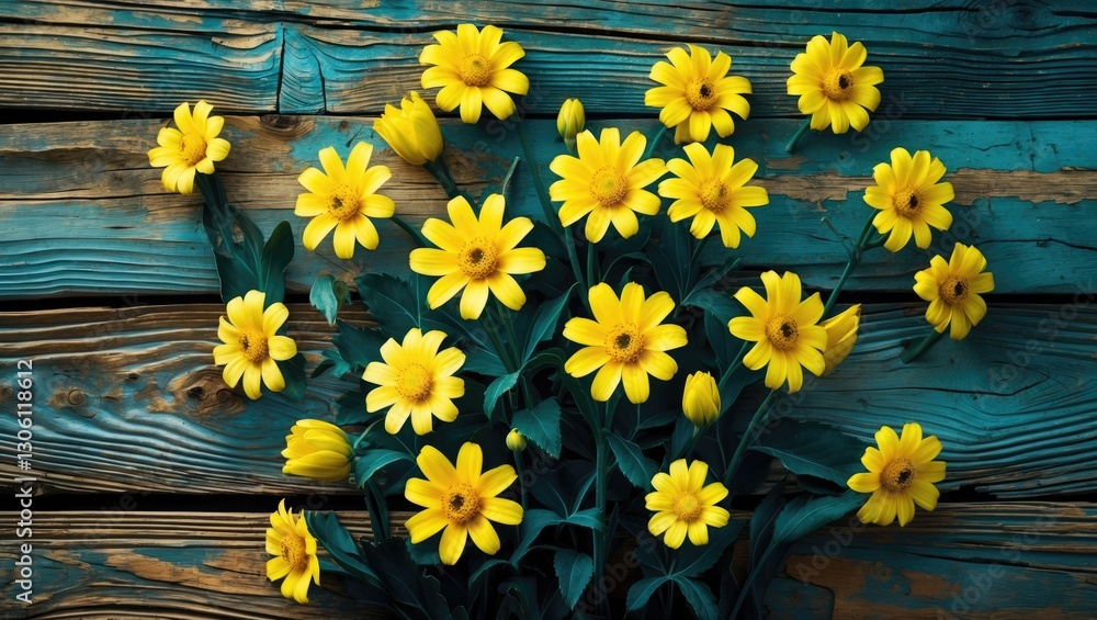Poster vibrant yellow flowers arranged on a rustic textured wooden background creating a warm and inviting 