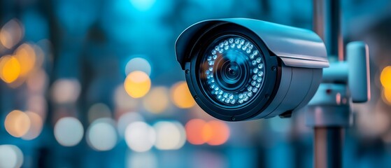 Modern security camera at night with glowing infrared lights
