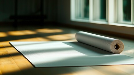 Tranquil Yoga Mat on Light Wood Floor  Minimalist Fitness Studio