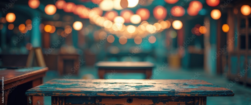 Poster worn wooden table foreground with a vibrant bokeh background of illuminated lanterns in a cozy marke