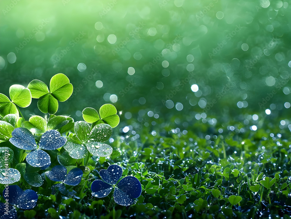 Poster green four leaf clover photo with bokeh abstract background and