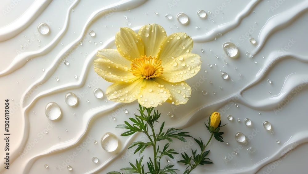 Poster yellow cosmos flower with dew drops on a soft white background creating a fresh and vibrant atmosphe
