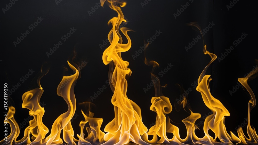 Poster dynamic yellow flames dancing against a solid black background creating an intense and visually stri