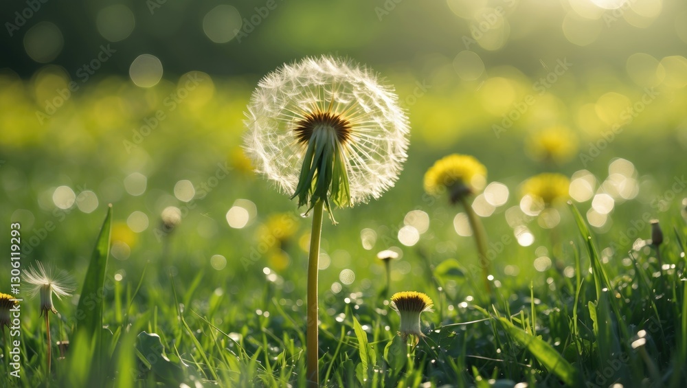 Wall mural dandelion seed head glowing in soft light with blurred green background in springtime meadow