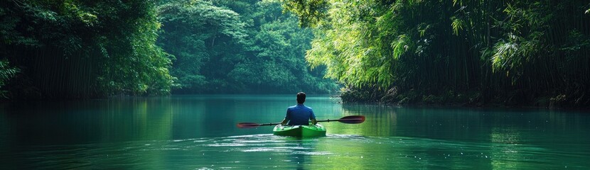 A person in a green canoe on the river, surrounded by lush forest, enjoying nature and relaxing in the calm waters. The water is an emerald color. The man's face can be seen from behind.