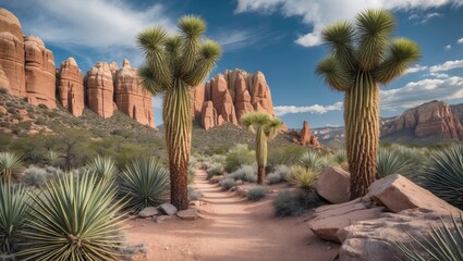 Fototapeta premium Majestic Yucca Trees and Dramatic Rock Formations Along a Scenic Trail in a National Park with Open Space for Text Overlay