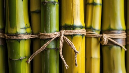 Obraz premium Tied bamboo trunks showcasing vibrant green and yellow hues with natural twine for decorative or crafting purposes.
