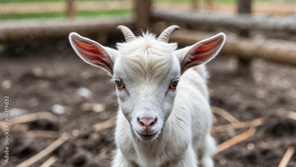 Poster young white goat in farmyard setting with natural background and space for text display