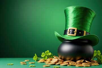 A Festive Green Leprechaun Hat Resting on a Black Pot Surrounded by Gold Coins and Clover Leaves, Celebrating St. Patrick's Day with Vibrant Colors and Rich Imagery