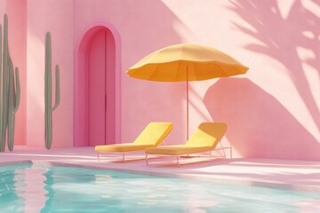 Obraz premium A photo of a minimalist pool with two sun loungers and a yellow umbrella, pastel colors, pink walls, cacti, and a bright, sunny day,