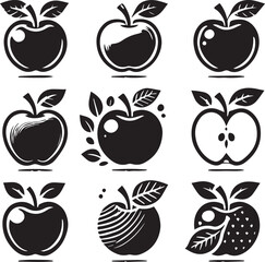 vector set of apples, vector set of apple silhouette vector icon black and white