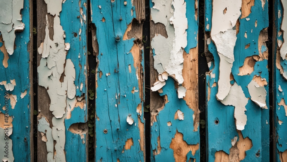 Poster worn vintage wood texture with peeling blue and white paint creating a rustic background perfect for
