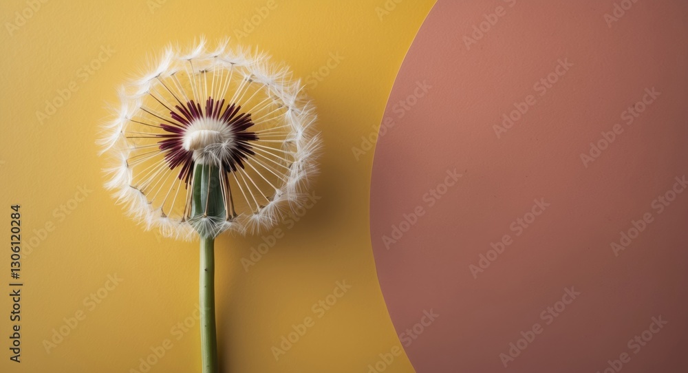 Poster vibrant yellow dandelion against bold background with soft curved shape empty space for creative tex