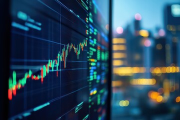 A modern corporate environment with a trading screen displaying fluctuating financial data, set against a blurred city building backdrop.