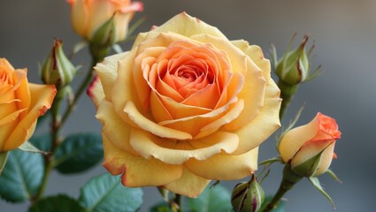 Stunning Yellow and Orange Rose Bloom with Buds and Space for Text Layout in Background for Floral Designs and Greetings