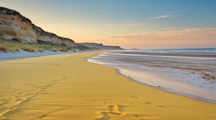 Golden sandy beach landscape under a clear sky showcasing tranquil waves and serene cliffs during daylight hours.
