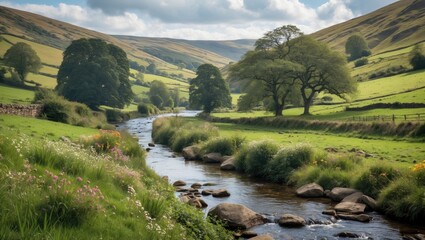 Obraz premium Serene Yorkshire Dales Landscape Featuring Lush Fields, Wildflowers, Trees, Hills, and a Tranquil River Setting