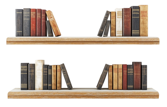 Two wooden wall mounted bookshelves are neatly arranged with variety of books in different colors and sizes, creating organized and classic look