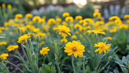 Obraz premium Vibrant Yellow Flowers Blooming in a Lush Garden Setting Under Soft Natural Light