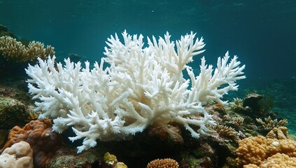 A photograph of a coral reef shows white corals that have no color