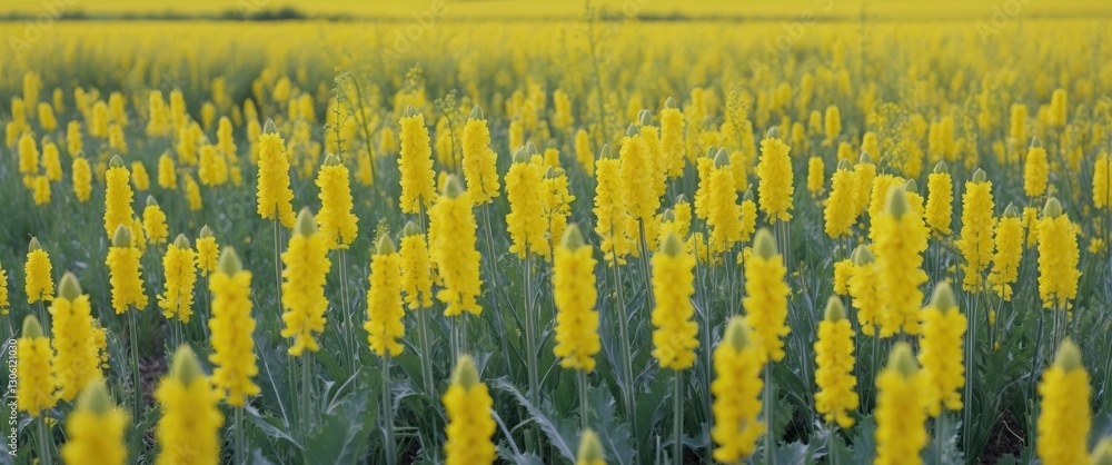 Poster vibrant yellow rapeseed field in spring with spacious background for text overlay and creative desig