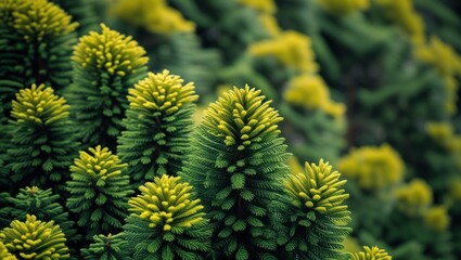 Close-up of yellow-green conifer foliage showcasing the texture and vibrant colors of Thuja occidentalis Aurea with a blurred background.