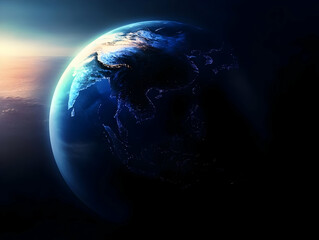 Illustration Of Earth Planet In Space With Blue Atmosphere And Light