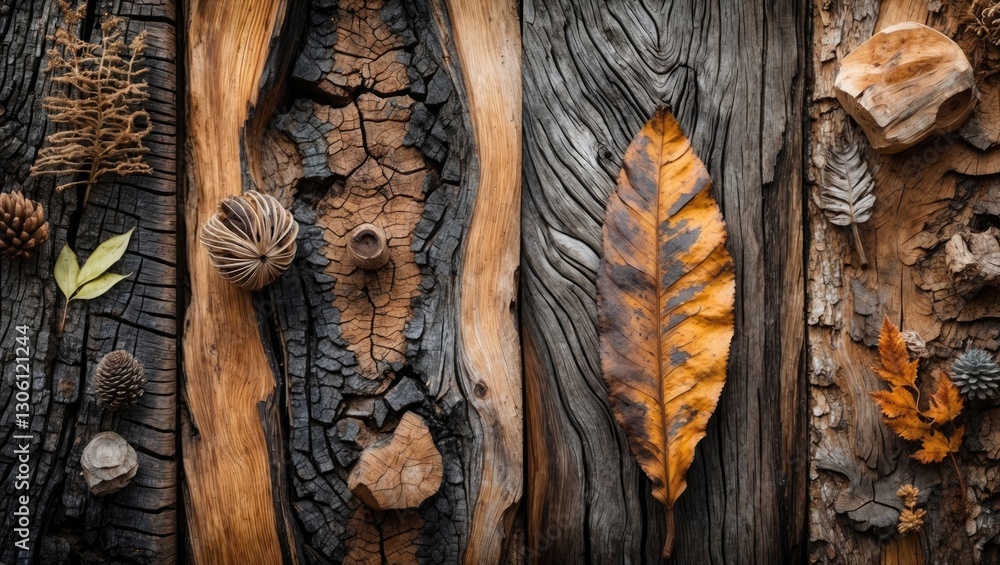 Poster wood texture background featuring natural patterns with dried leaves and pine cones for a rustic and