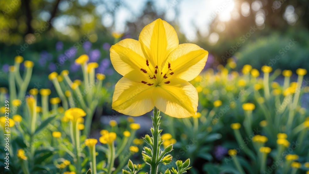 Poster vibrant yellow turnera subulata flower captured in a lush garden with soft focus background and ampl