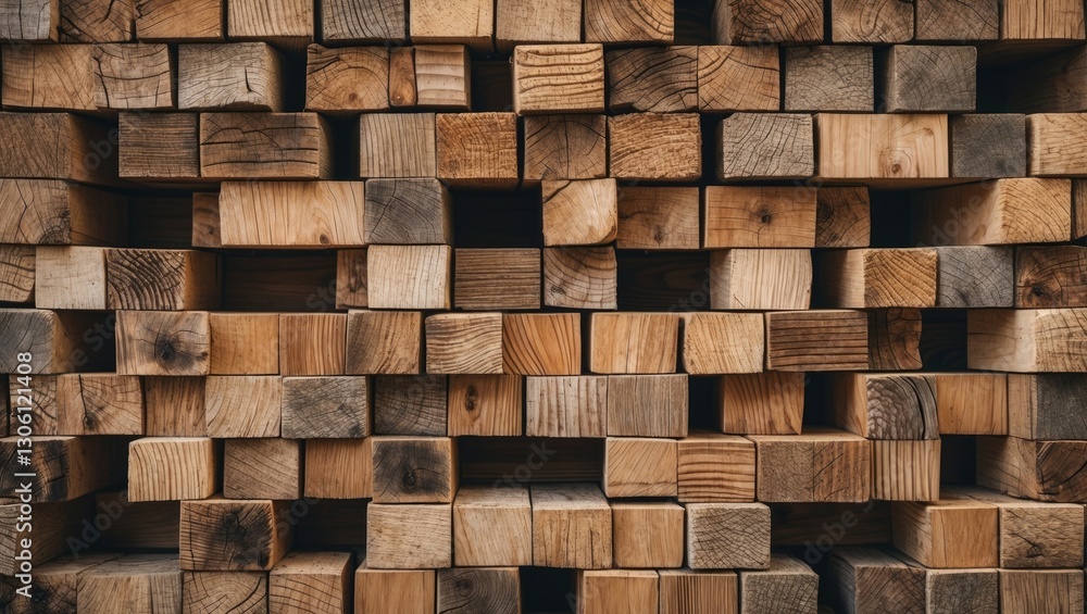 Poster stacked wooden blocks creating a textured wall background showcasing natural wood patterns and color