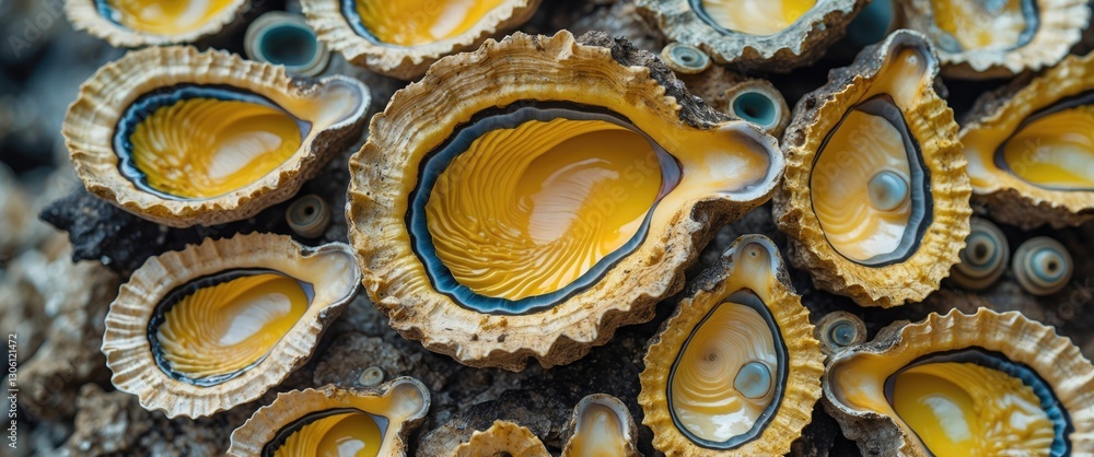 Poster yellow abalone shells with vibrant textures and patterns on natural rock surface