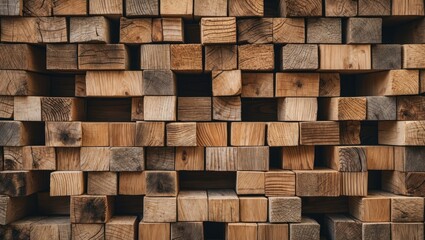 Stacked wooden blocks creating a textured wall background showcasing natural wood patterns and colors for design and decor projects.
