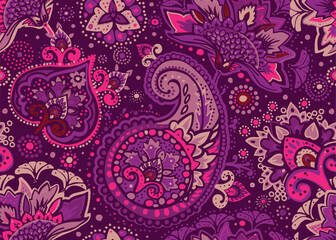 Seamless paisley pattern in Oriental style with floral and ethnic motifs for printed fabric, wallpaper, and packaging