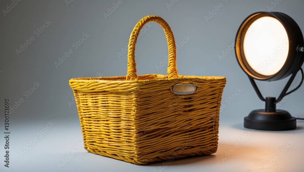 Poster wicker basket with handle against studio background and lamp artistic setup with empty space for des