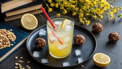 Refreshing lemon drink with ice and red straw on a dark plate, complemented by chocolate oat balls, books, and yellow flowers in the background.
