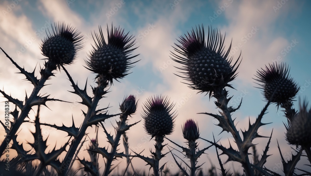 Wall mural worm's-eye view of dried thistle plants silhouetted against a soft cloudy sky emphasizing sharp spik