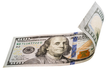 100 dollars banknotes falling in the air isolated on white, Flying 100 American dollars banknotes...