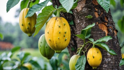 Ripe papaya fruit hanging alone on a tree branch surrounded by lush green leaves in a natural setting showcasing tropical agriculture.
