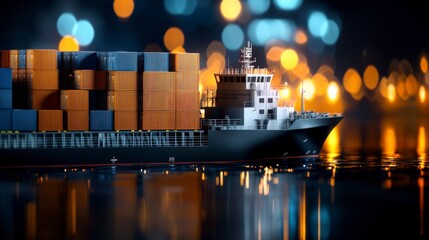 Obraz premium Container Ship Docked at Night with Colorful Bokeh Lights Reflecting in Water Surface