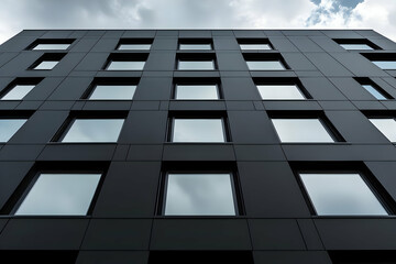 Modern Building Exterior, Dark Facade, Geometric Windows