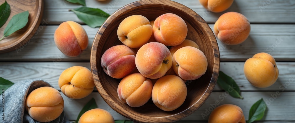 Poster fresh organic apricots in a wooden bowl on a rustic table with leaves and empty space for text in a 