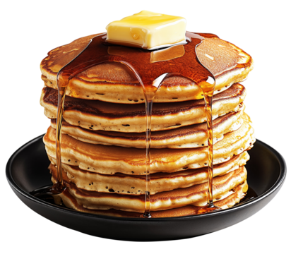 stack of fluffy pancakes topped with melting butter and drizzled with golden honey on black plate