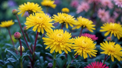 Naklejka premium Vibrant Yellow Chrysanthemum Blossoms in a Lush Garden Setting with a Soft Blurry Background Showcasing Colorful Floral Diversity.