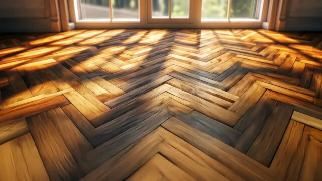 Warm herringbone wood floor bathed in sunlight and shadows.