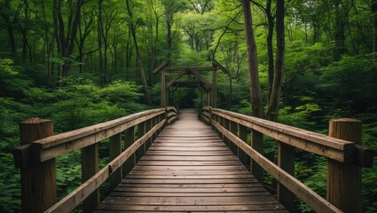 Serene Wooden Bridge Leading Through Lush Green Forest With Dense Foliage and Natural Light Enhancing the Tranquil Atmosphere