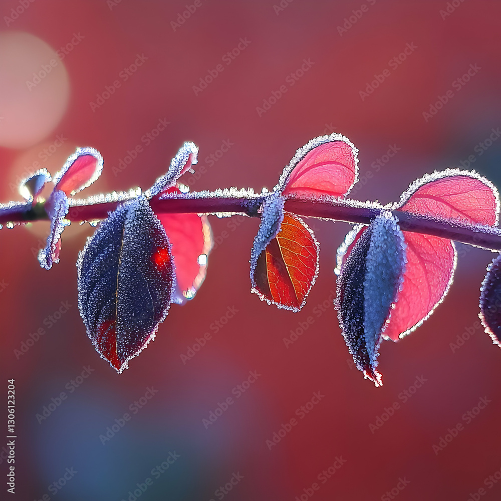 Poster macro photo of frosty red leaves on a branch with bokeh background