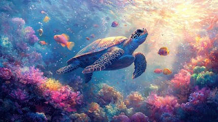 Obraz premium Sea Turtle in Vibrant Coral Reef