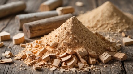 Wood dust and shavings from processed lumber on a rustic wooden surface highlighting natural textures and organic materials.