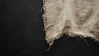 A piece of beige linen fabric hanging on the black wall, with frayed edges and tattered threads at one end, against a dark background.